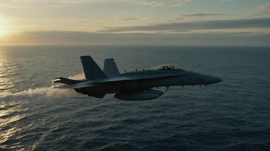Fighter jet flying over ocean at sunset