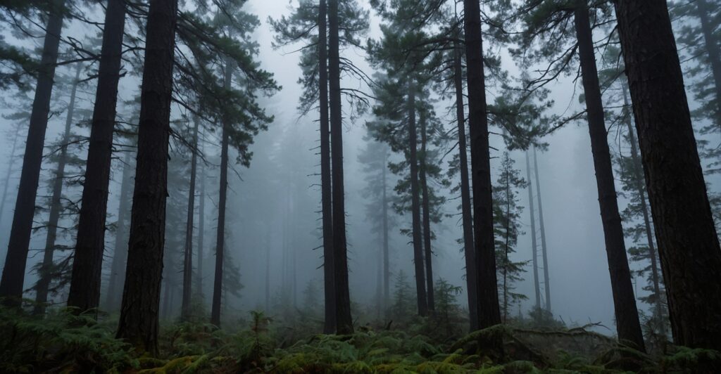 Foggy pine forest with tall trees and ferns